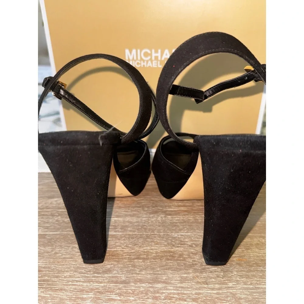 Michael Kors Claire Black Suede Peep Toe Platform Gold‎ Heel Sandals 7M